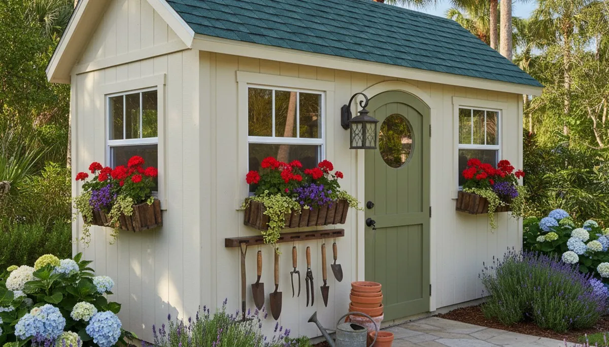 Decorative garden shed installation with lush landscaping in Sarasota FL by Chop Chop Landscaping