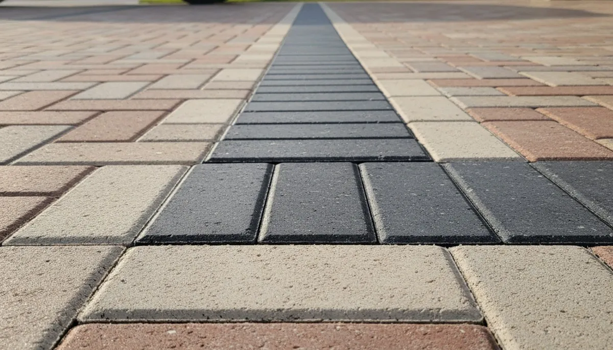 Close-up of decorative driveway paver border and edging by professional landscapers in Sarasota, FL