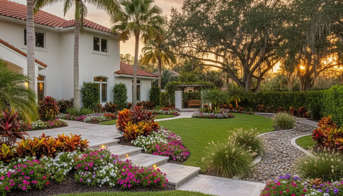 Full property landscape with layered plantings and hardscape design by landscapers in Sarasota, FL