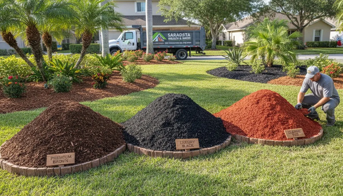 Brown, black, and red mulch variety display for Sarasota, FL landscaping by Chop Chop Landscaping