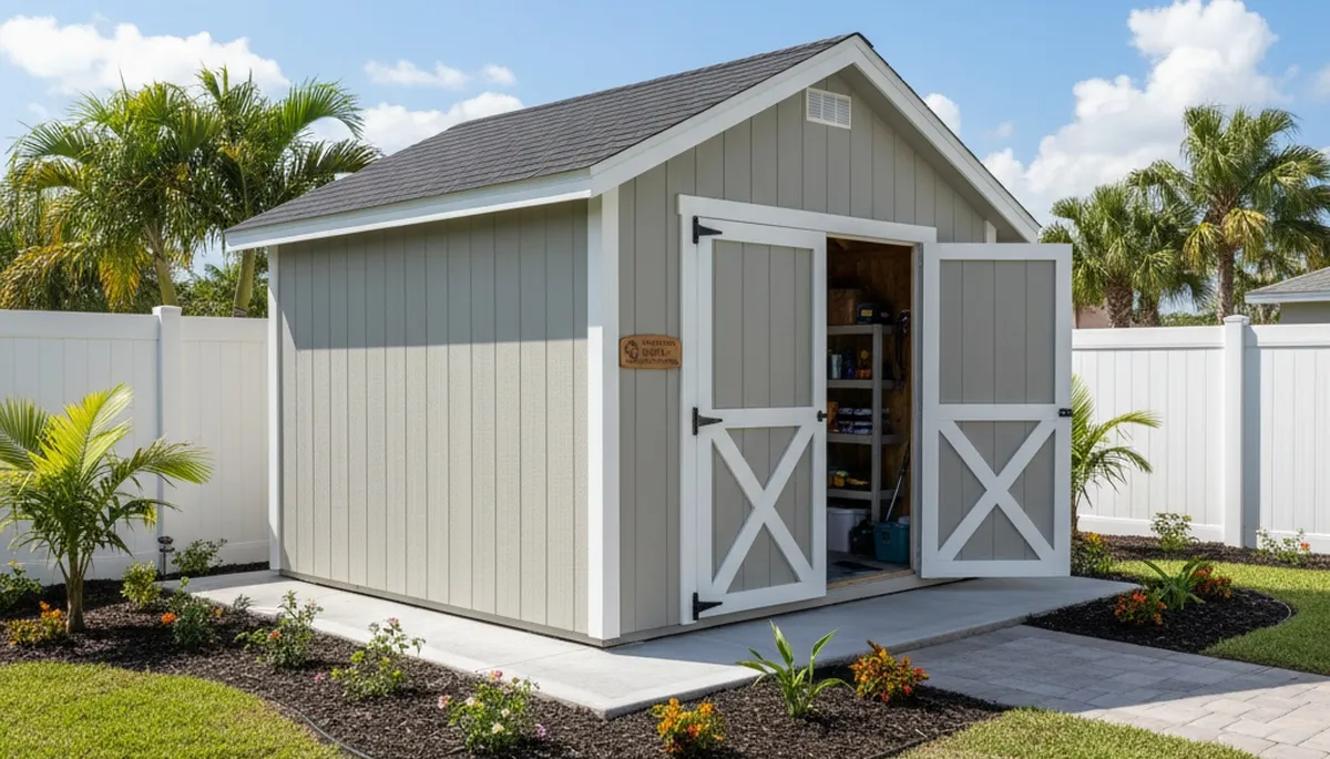 New backyard shed installation by professional landscapers in Sarasota FL with durable custom design