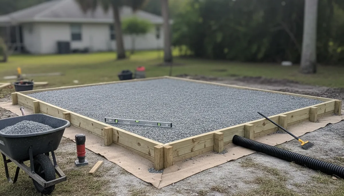 Sarasota FL landscapers preparing level gravel shed foundation base with proper drainage