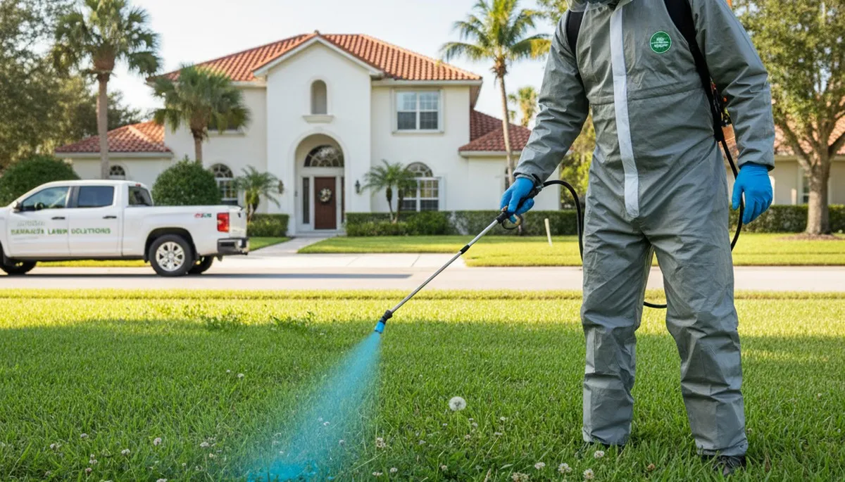 Lawn care technician applying targeted weed control treatment on healthy turf in Sarasota, FL